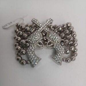 NWT Dueling Rhinestone Pistols Guns Stretchy Silver Toned Beads Bracelet FUN